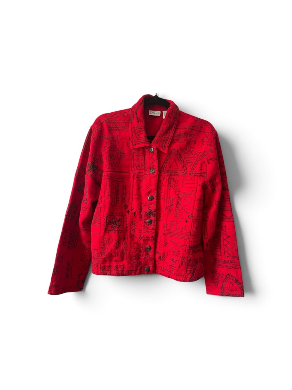 Chico's Vintage Red Embroidered Cotton Jacket Wearable Art Made in India Size 1